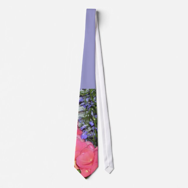 "Pink Begonias Blue" Wedding Tie (Front)