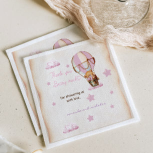 Pink Beige Baby Bear Hot Air Balloon Rustic Napkin