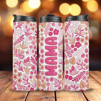 Pink Beige Boho Floral 3D Inflated Mama Thermal Tumbler