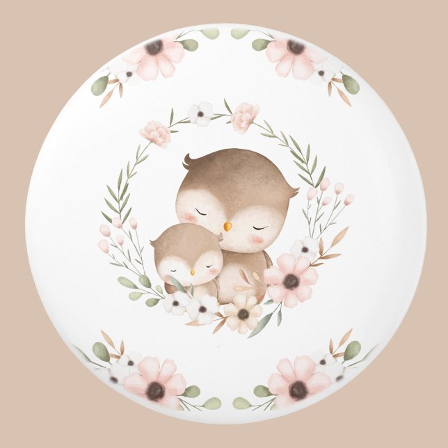 Pink Beige Floral Woodland Nursery Owl  Ceramic Knob (Creator Uploaded)