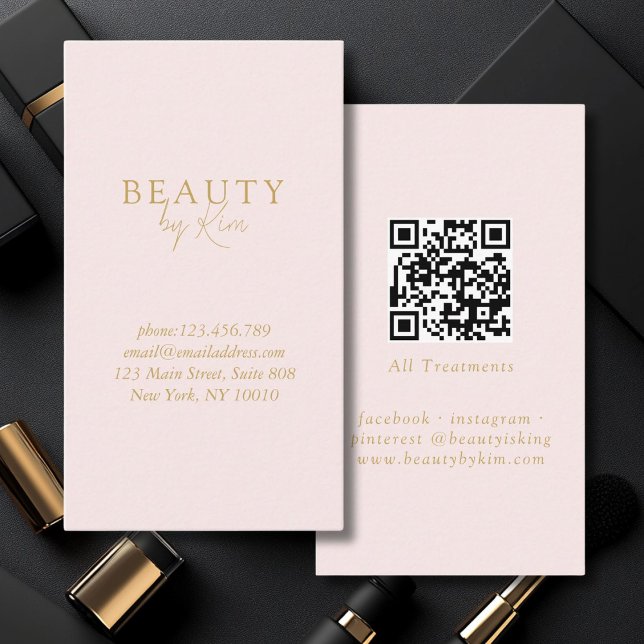 Pink & Beige-Gold Minimal Elegant, Salon QR Code Business Card (Pink & Beige-Gold Minimal Elegant, Salon QR Code Business Card)