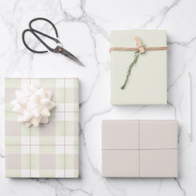 Pink Beige Green Plaid Pattern and Matching Solids Wrapping Paper Sheet (Front)