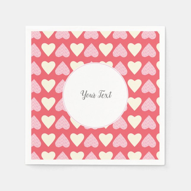 Pink Beige Hearts Pattern Valentines Day Party Napkin (Front)