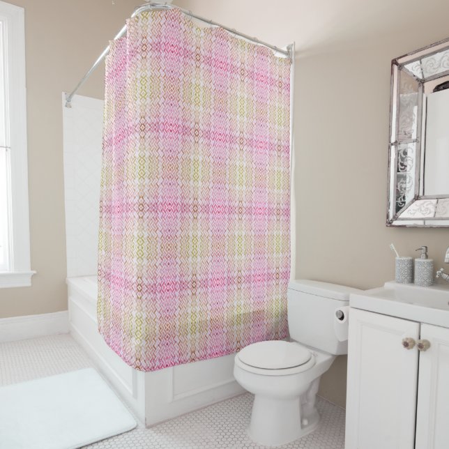 Pink Beige Plaid Pattern Country Decor Shower Curtain (In Situ)