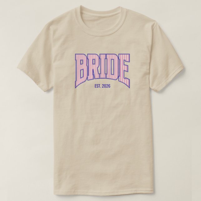 Pink + Beige Stripe Navy Varsity BRIDE T-Shirt (Design Front)