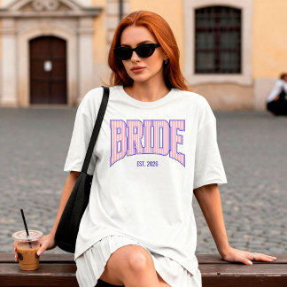 Pink + Beige Stripe Navy Varsity BRIDE T-Shirt