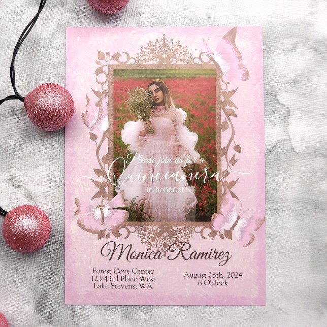 Pink, Beige Vintage Butterfly Quinceanera Invite (fancy light pink quinceanera pink and brown butterfly mis quince anos birthday invitations)