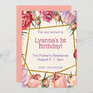 Pink Beige Watercolor Roses Birthday Invitation
