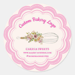 Pink Beige Whisk Flower Boutique Bakery Classic Round Sticker