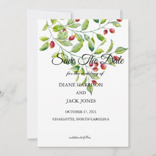 Pink Berries and Green Foliage Save The Date Invitation