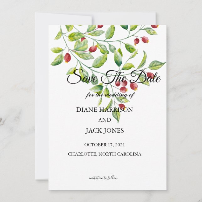Pink Berries and Green Foliage Save The Date Invitation (Front)