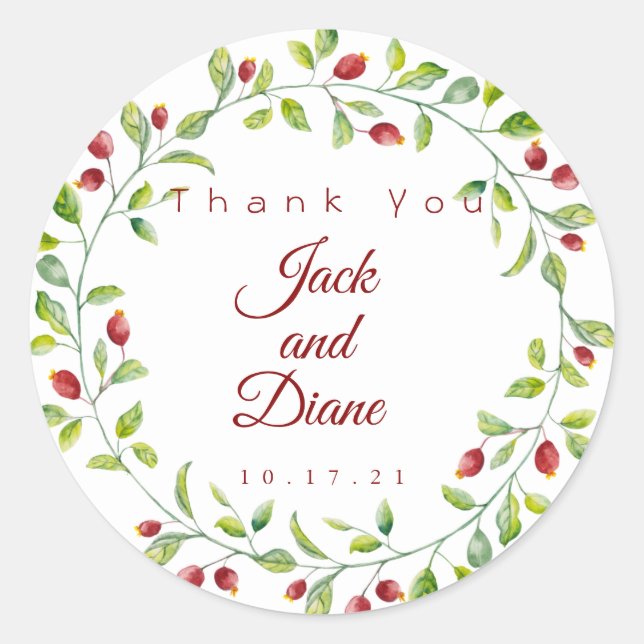 Pink Berries and Green Foliage Wedding Classic Round Sticker (Front)