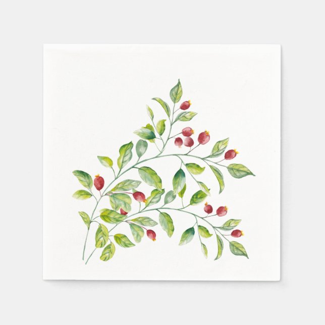 Pink Berries and Green Foliage Wedding Paper Napkin (Front)