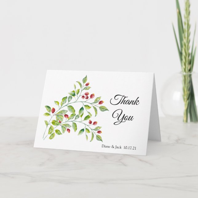 Pink Berries and Green Foliage Wedding Thank You Card (Front)