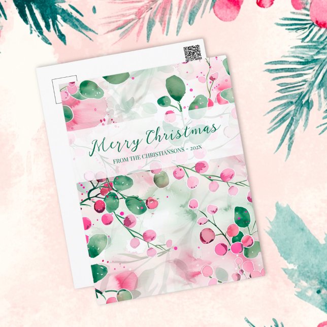 Pink Berries Elegant Floral Christmas Holiday Postcard (Pink Berries Elegant Floral Christmas Postcard)