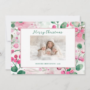 Pink Berries Floral Photo Christmas Card