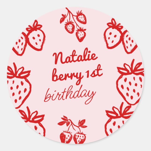 Pink Berry 1st Hand Drawn Strawberry Girl Birthday Classic Round Sticker (Front)