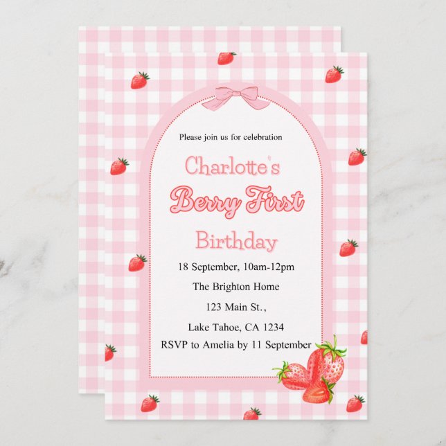 Pink Berry First Birthday  Invitation (Front/Back)