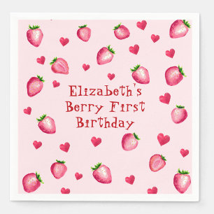 Pink Berry First Birthday Party Strawberry Hearts  Napkin
