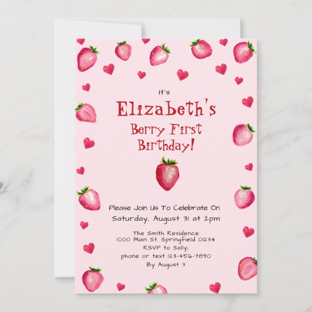 Pink Berry First Birthday Strawberry Custom Photo Invitation (Front)