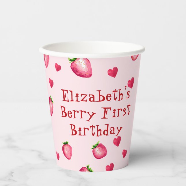 Pink Berry First Birthday Strawberry Hearts  Paper Cups (Front)
