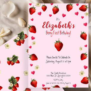 Pink Berry First Birthday Strawberry Summer 1st Invitation