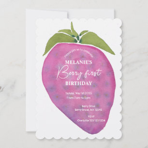 Pink Berry First Birthday Watercolor Custom Invitation