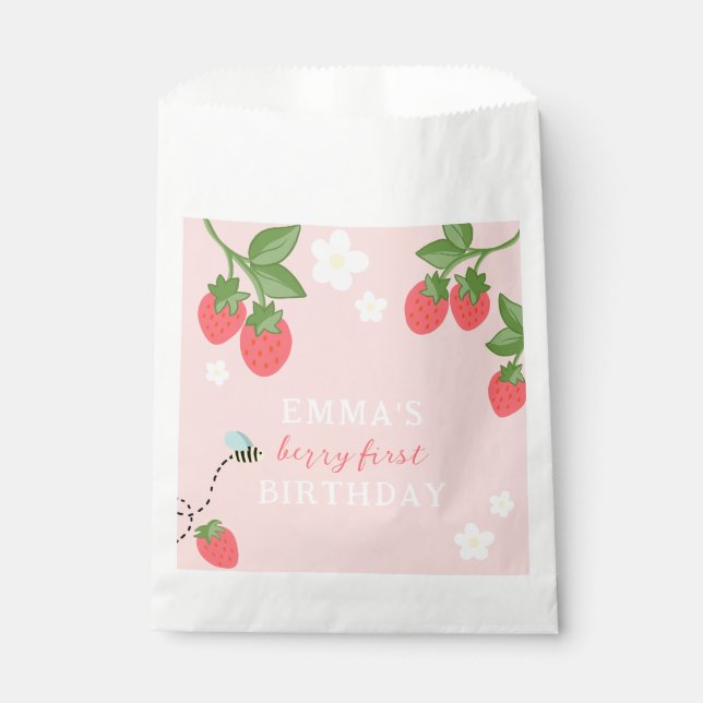 Pink Berry First Girls Strawberry 1st Birthday Favour Bags (Front)