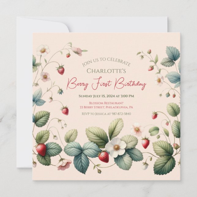 Pink "Berry First" Strawberry Birthday Invitation (Front)