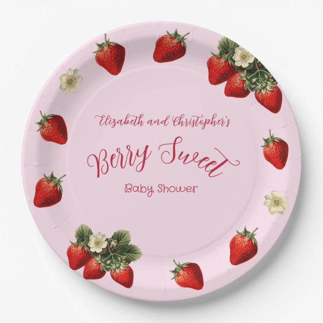 Pink Berry Sweet Red Strawberry Girl Baby Shower Paper Plate (Front)