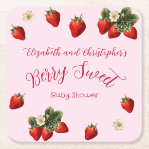 Pink Berry Sweet Red Strawberry Girl Baby Shower Square Paper Coaster