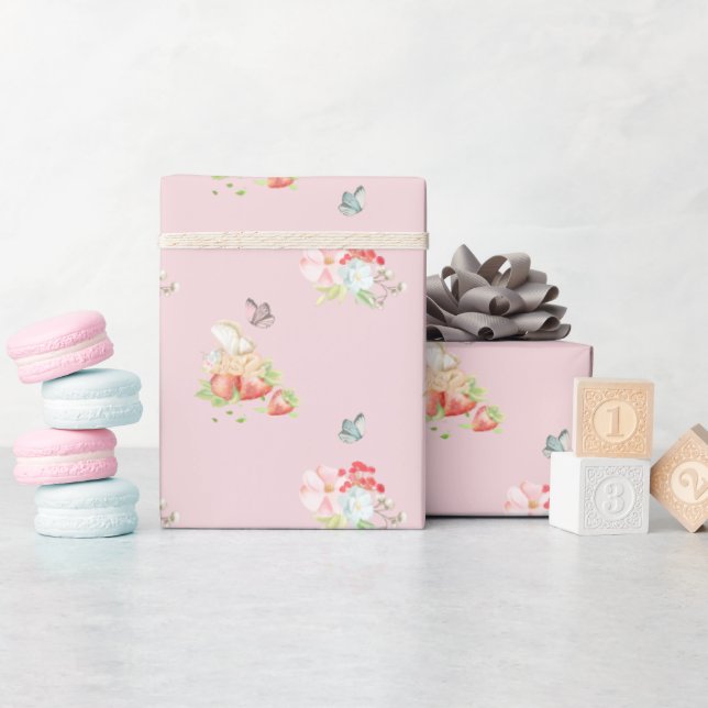 Pink Berry Sweet Strawberry and Baby Fairy  Wrapping Paper (Baby Shower)