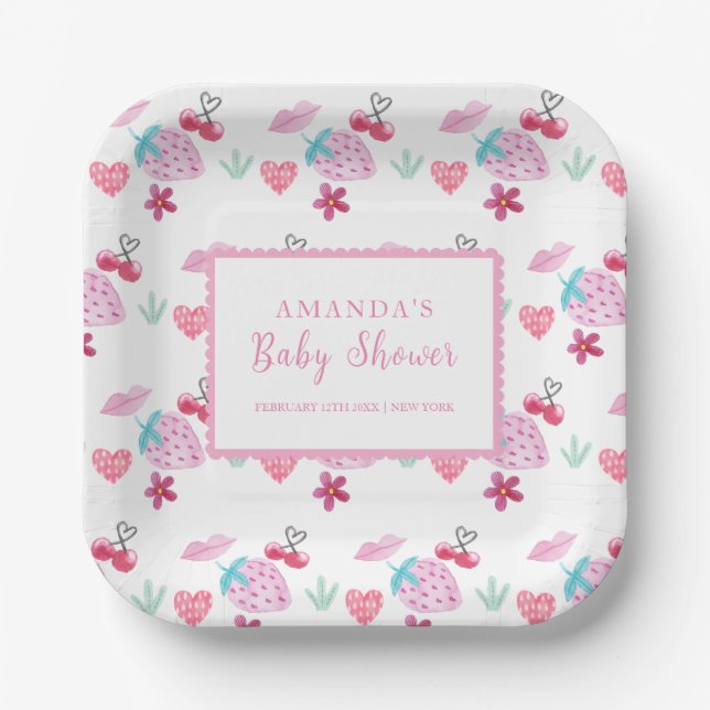 Pink Berry Sweet Sweetheart Valentine Baby Shower  Paper Plate (Front)