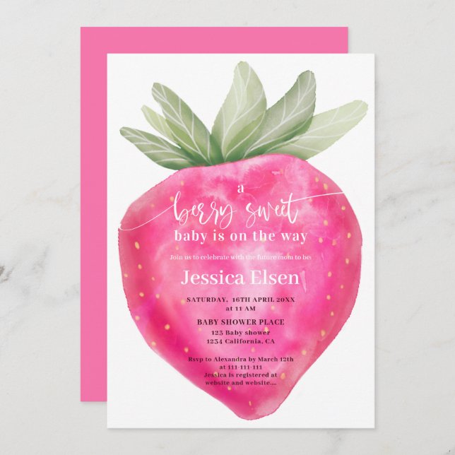 Pink berry sweet watercolor strawberry baby shower invitation (Front/Back)