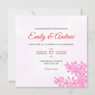 Pink Berry Watercolor Floral Square Wedding Invitation