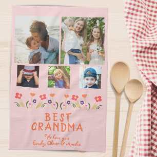 Pink Best Grandma Flowers 5 Photo Collage Keepsake Tea Towel