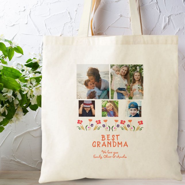 Pink Best Grandma Flowers 5 Photo Collage Keepsake Tote Bag (Creator Uploaded)