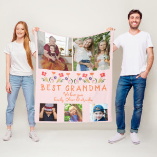 Pink Best Grandma Flowers Photo Collage Fleece Blanket