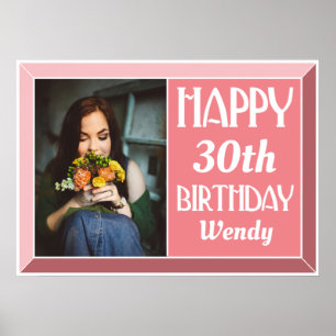 Pink Beveled Art Deco Birthday Photo Poster