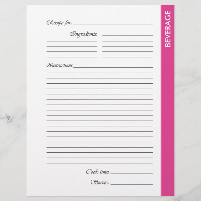 Pink BEVERAGE 2-sided Recipe Pages (Front)