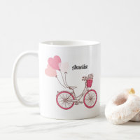 Pink Bicycle and Heart Balloons Personalised Mug