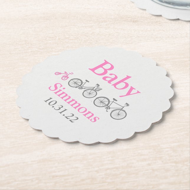 Pink Bicycle Baby Shower Paper Coaster (Angled)