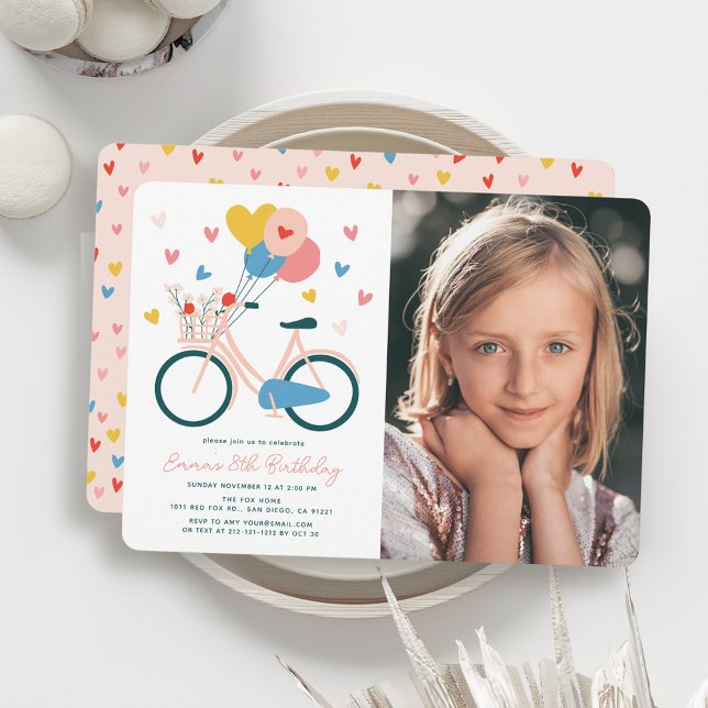 Pink Bicycle Balloons & Hearts Girl Birthday Photo Invitation (Creator Uploaded)