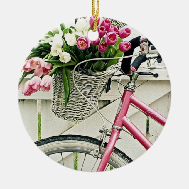 PINK "BICYCLE" WITH BASKET FLOWERS CERAMIC TREE DECORATION (Front)