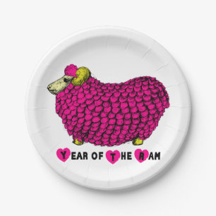 Pink Big Ram Chinese Astrology Zodiac Paper Plate