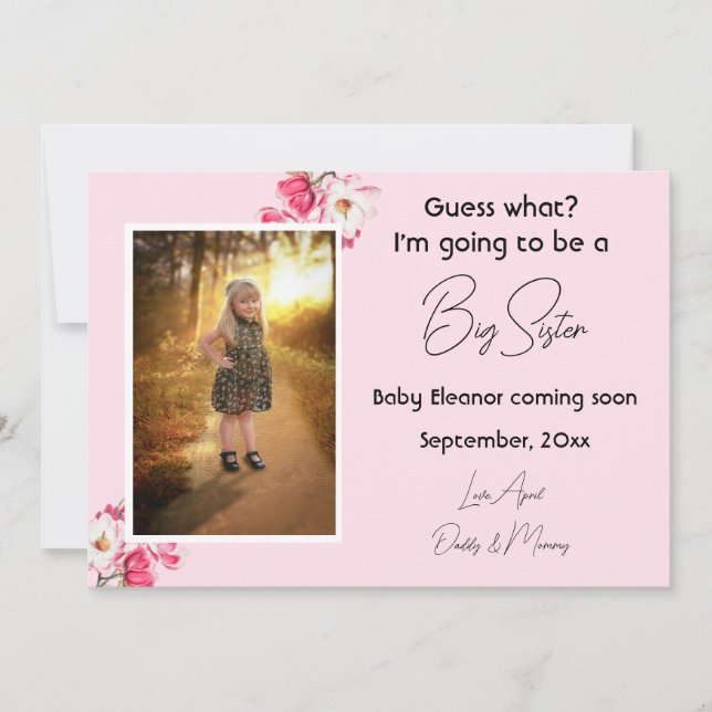Pink Big Sister Pregnancy Photo Announcements (Front)
