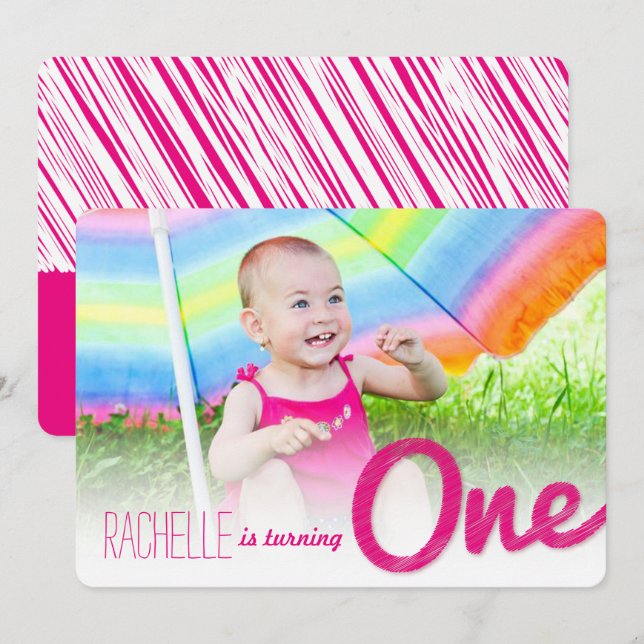 Pink Big Sketch One Baby Girl's 1st Birthday Party Invitation (Front/Back)