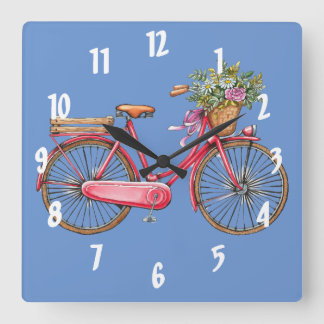 Pink Bike & Basket Square Wall Clock