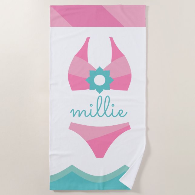 Pink Bikini Swimsuit Personalised Beach Towel (Front)