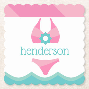 Pink Bikini Swimsuit Personalised Paper Coasters